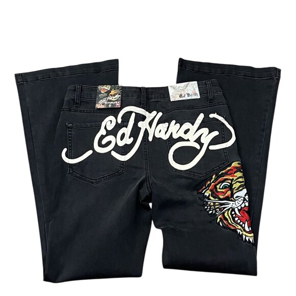 Y2K Ed Hardy Women's Biker Chic Black Denim Tiger head Slim Flare Jean Size: 30 - Picture 2 of 12